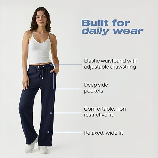 Common Stitch 3 Pack Wide Leg Fleece Lounge Sweatpants for Women — Deep Pockets, Relaxed Fit, Elastic Drawstring Waist
