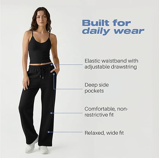 Common Stitch 3 Pack Wide Leg Fleece Lounge Sweatpants for Women — Deep Pockets, Relaxed Fit, Elastic Drawstring Waist