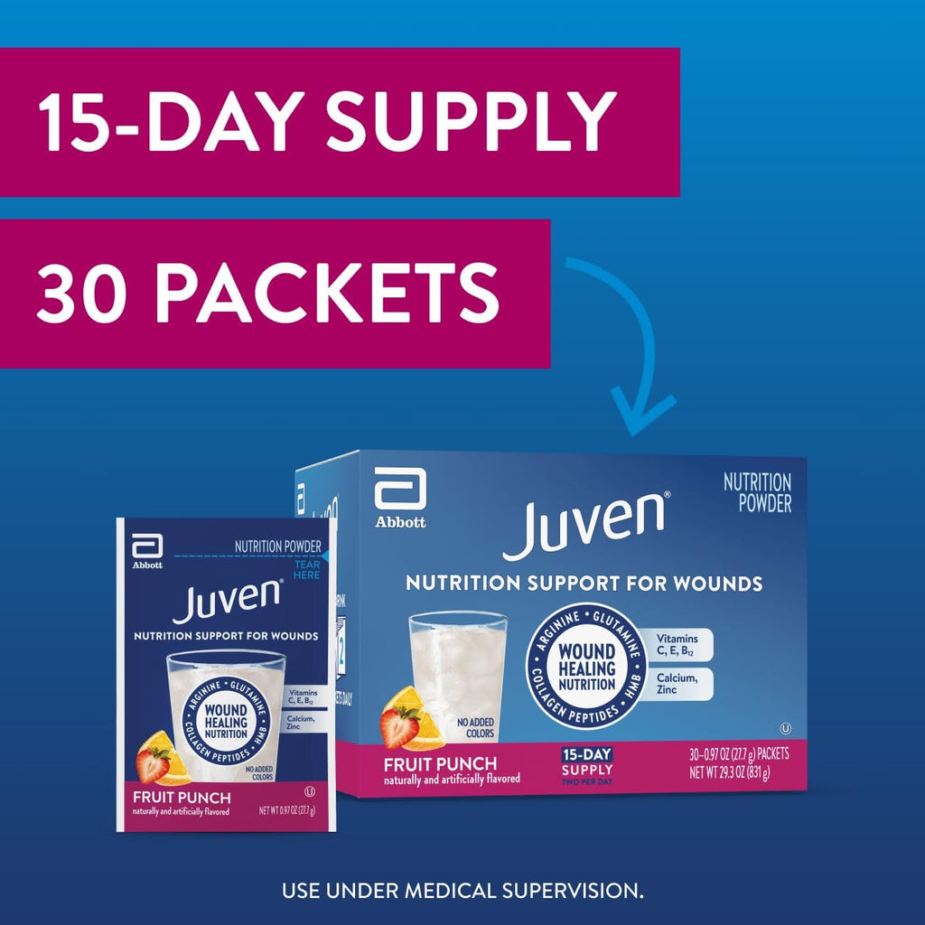 Juven Therapeutic Nutrition Drink Powder Including Collagen Peptides, Amino Acids, and HMB For Wound Healing Support, Fruit Punch, 30 Packets