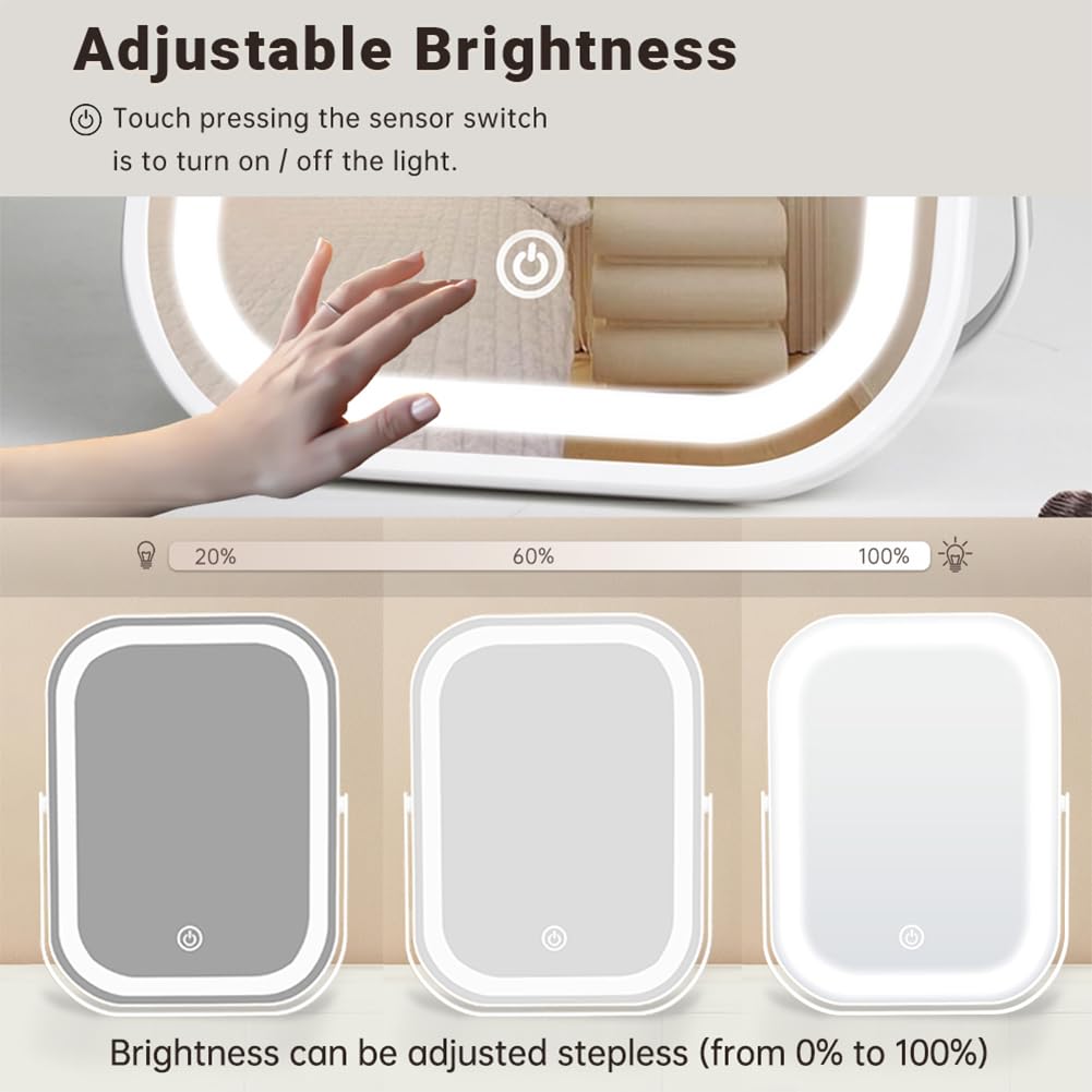 YEKKOPT Travel Makeup Mirror with Lights, Portable Small Beauty LED Vanity Mirror with Lights, 1200mAh Battery, Dimmable Touch Screen, Tabletop Folding Compact Mirror,Women Gift