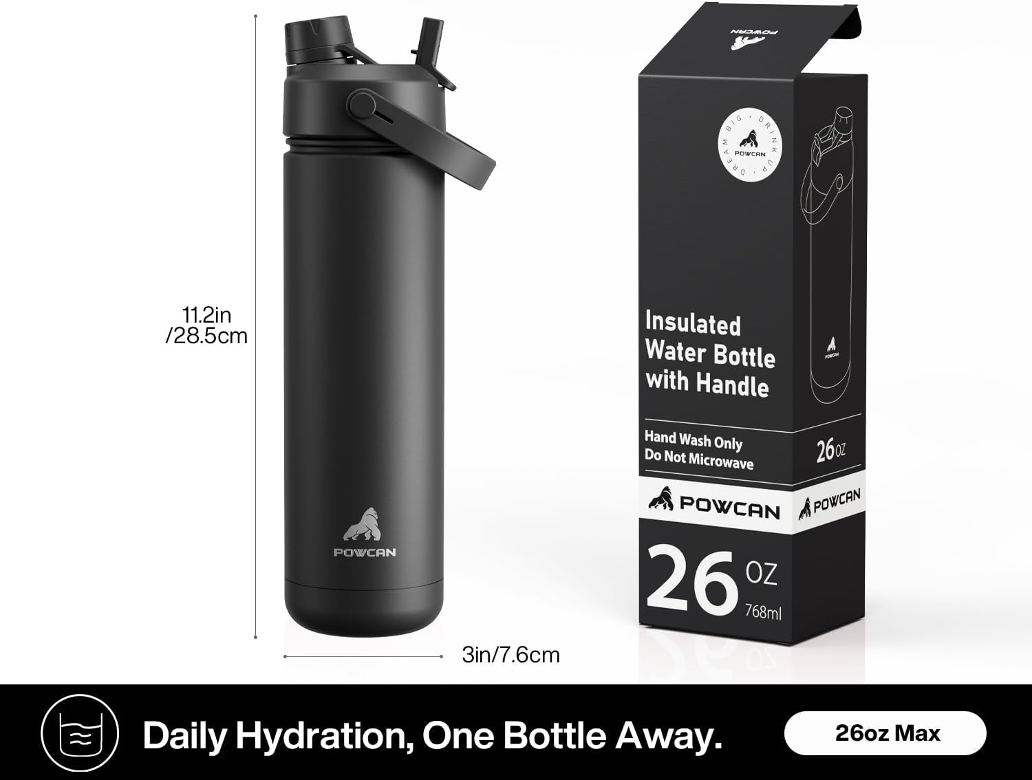 POWCAN 26 oz Insulated Water Bottle with 2-in-1 Straw and Spout Lid, Keep Cold 24H, Leak-Proof, Fits in Car Cup Holder, Stainless Steel Water Bottle for Sports, Travel, and School (Dark Knight)