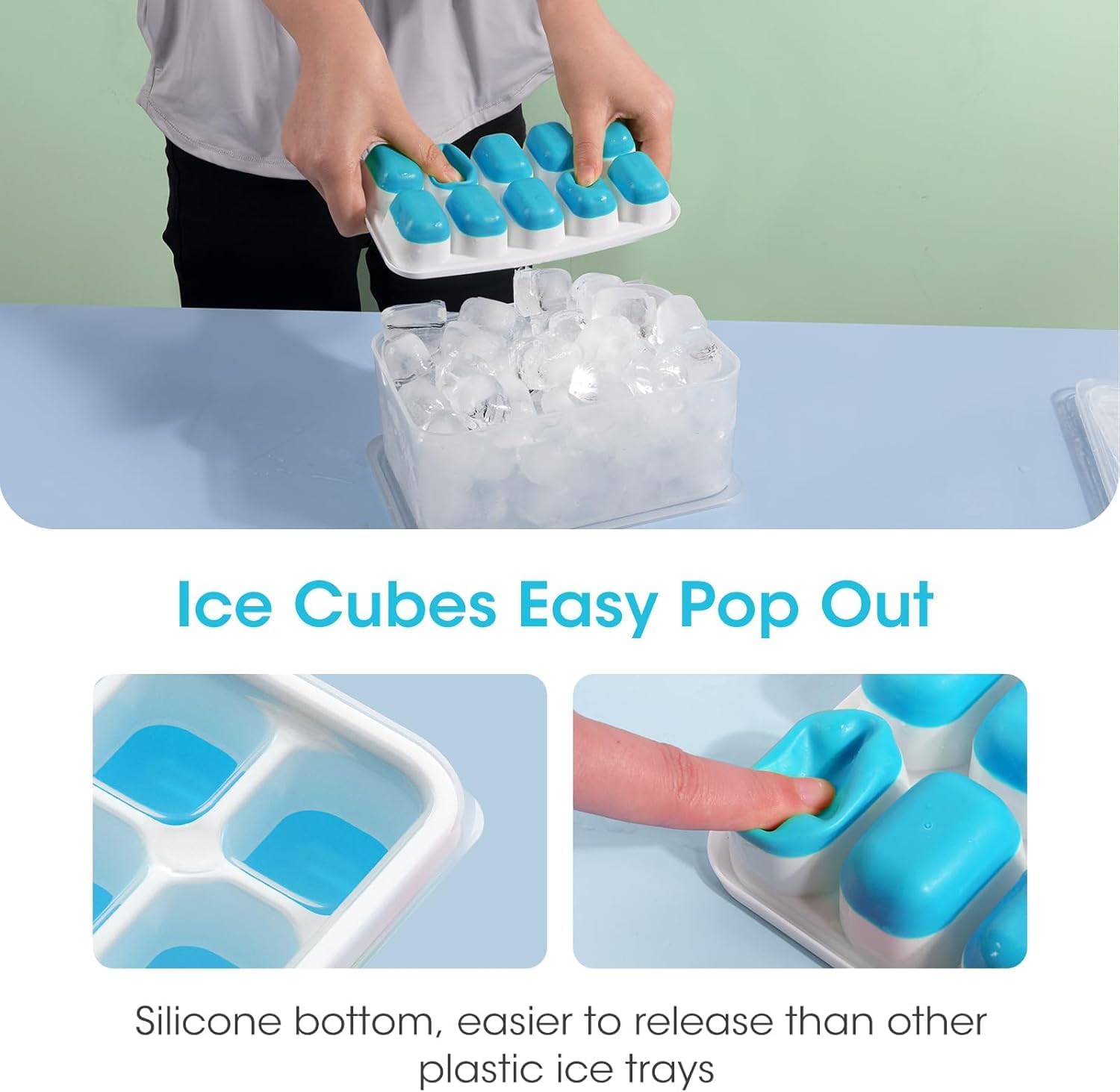 DOQAUS Ice Cube Tray with Lid and Bin - 4 Pack Silicone Ice Cube Trays for Freezer, Stackable Ice Bucket Kits with Storage Container & Scoop for Kitchen, RV, Cocktail, Coffee