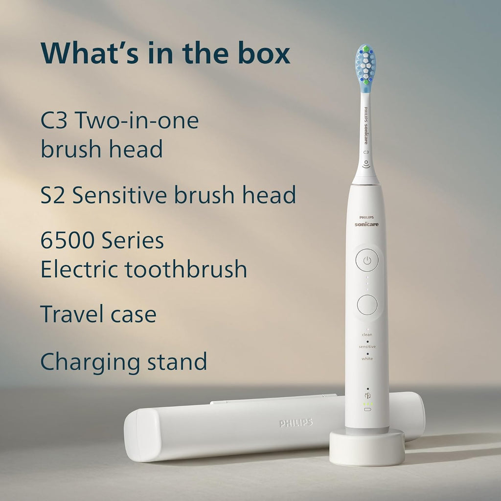 Philips Sonicare 6500 Series Electric Toothbrush - Next-Generation Sonicare Technology, Pressure Sensor, 9 Brushing Settings, SmarTimer, BrushPacer, 21-Day Runtime, Travel Case, White, HX7410/10
