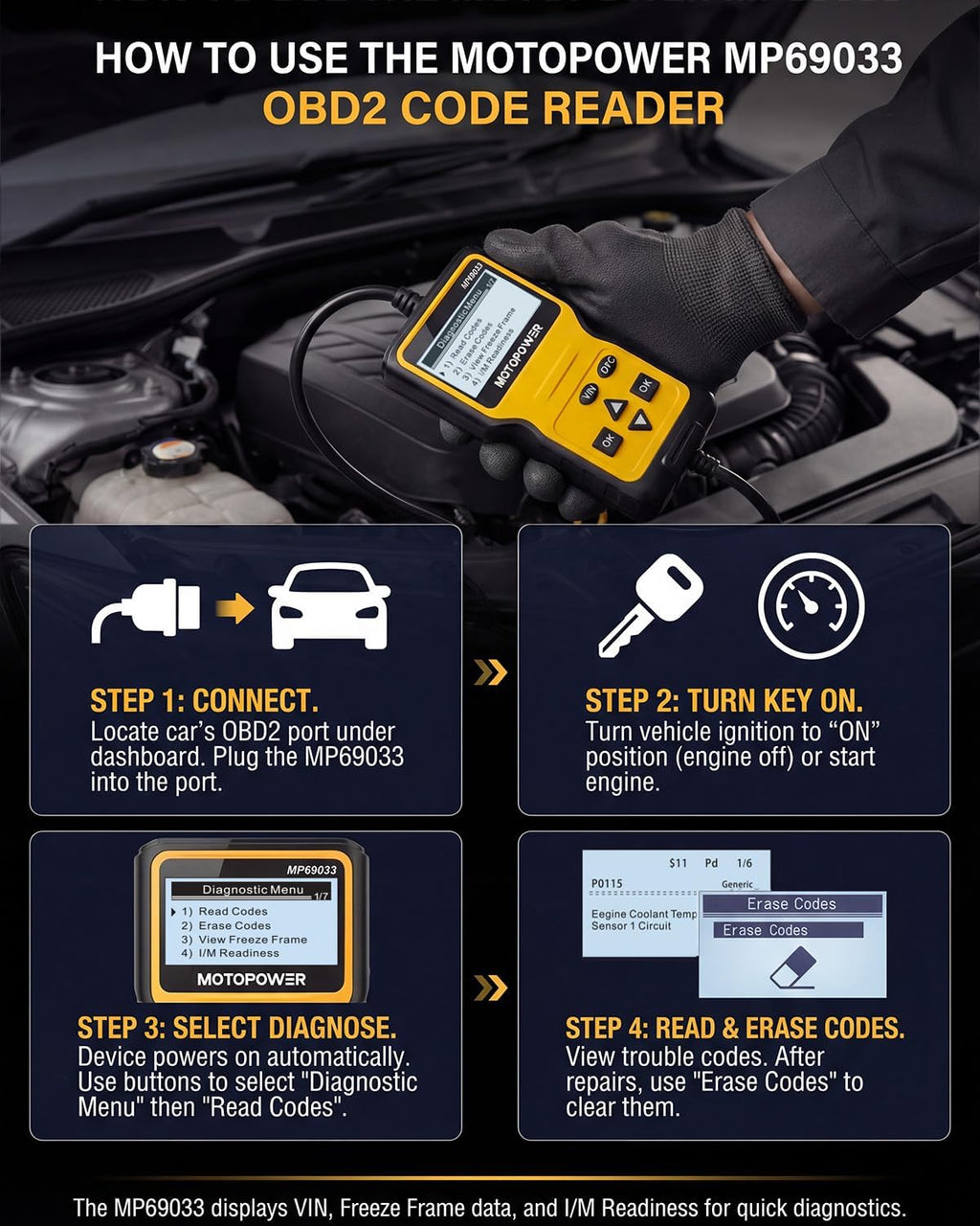 MOTOPOWER MP69033 Car OBD2 Scanner Code Reader Engine Fault Scanner CAN Diagnostic Scan Tool for All OBD II Protocol Cars Since 1996, Yellow