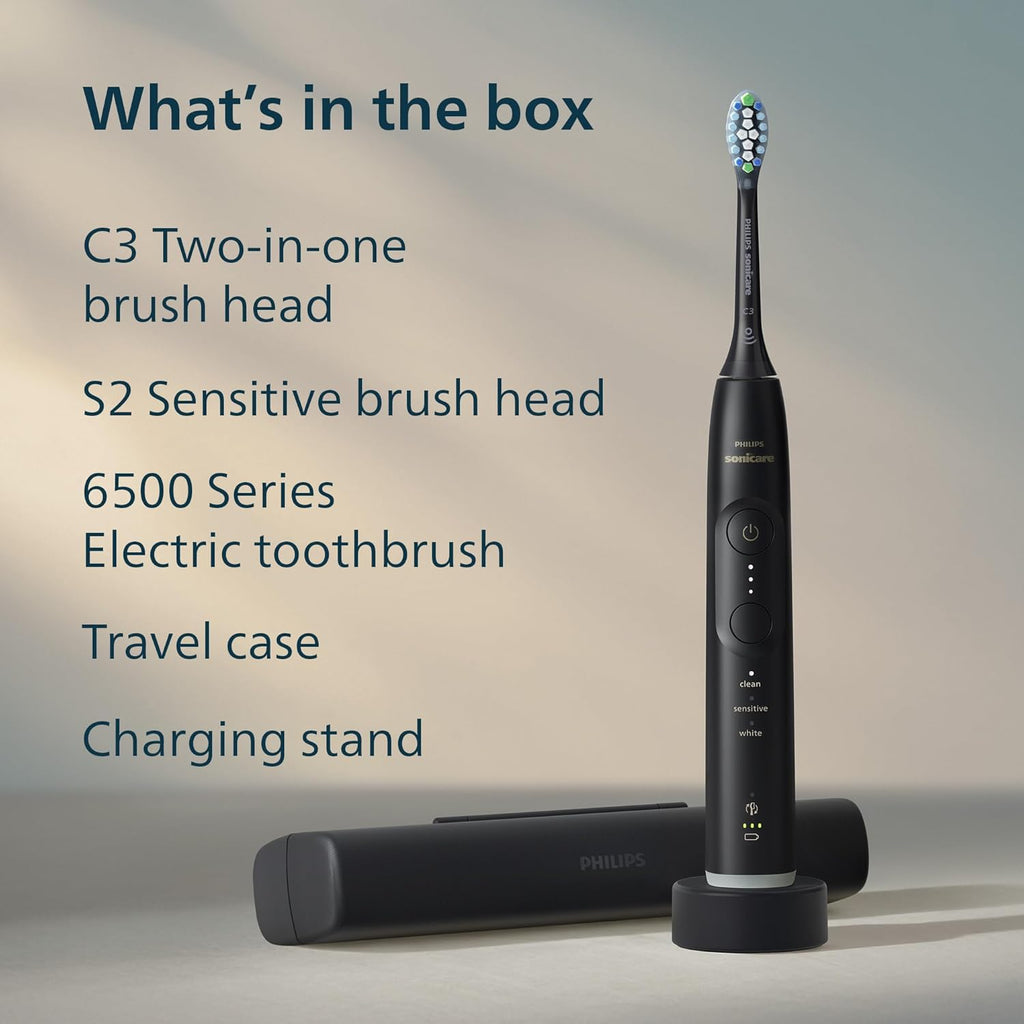 Philips Sonicare 6500 Series Electric Toothbrush - Next-Generation Sonicare Technology, Pressure Sensor, 9 Brushing Settings, SmarTimer, BrushPacer, 21-Day Runtime, Travel Case, Black, HX7411/08