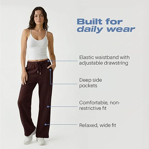 Common Stitch 3 Pack Wide Leg Fleece Lounge Sweatpants for Women — Deep Pockets, Relaxed Fit, Elastic Drawstring Waist