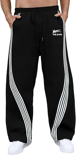 GORGLITTER Men's Baggy Wide Leg Sweatpants Y2K Striped Side Drawstring Waist Barrel Track Pants with Pockets
