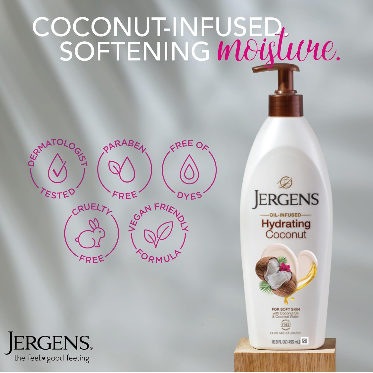 Jergens Hydrating Coconut Body Lotion, Hand and Body Moisturizer, Infused with Coconut Oil, Hydrates Dry Skin Instantly, Dermatologist Tested, 16.8 oz
