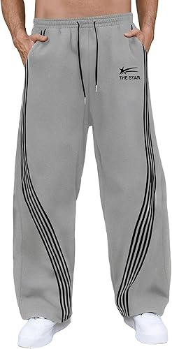 GORGLITTER Men's Baggy Wide Leg Sweatpants Y2K Striped Side Drawstring Waist Barrel Track Pants with Pockets