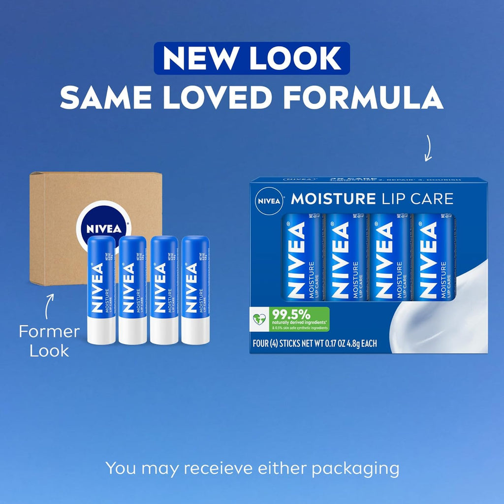 NIVEA Moisture Lip Care, Hydrating Lip Balm with Shea Butter, Nourishing Oils and Vitamin C & E, 3-in-1 Moisture, Repair and Nourish, 0.17 Oz Stick, Pack of 4