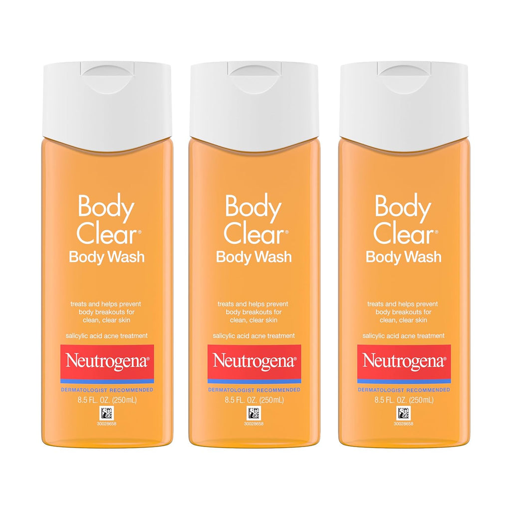 Neutrogena Body Clear Acne Body Wash, 2% Salicylic Acid Acne Medication, Oil-Free & Glycerin for Breakouts on Back, Chest & Shoulders, Non-Comedogenic, Gentle on Skin, Unscented, 8.5 Fl Oz, 3 Pack