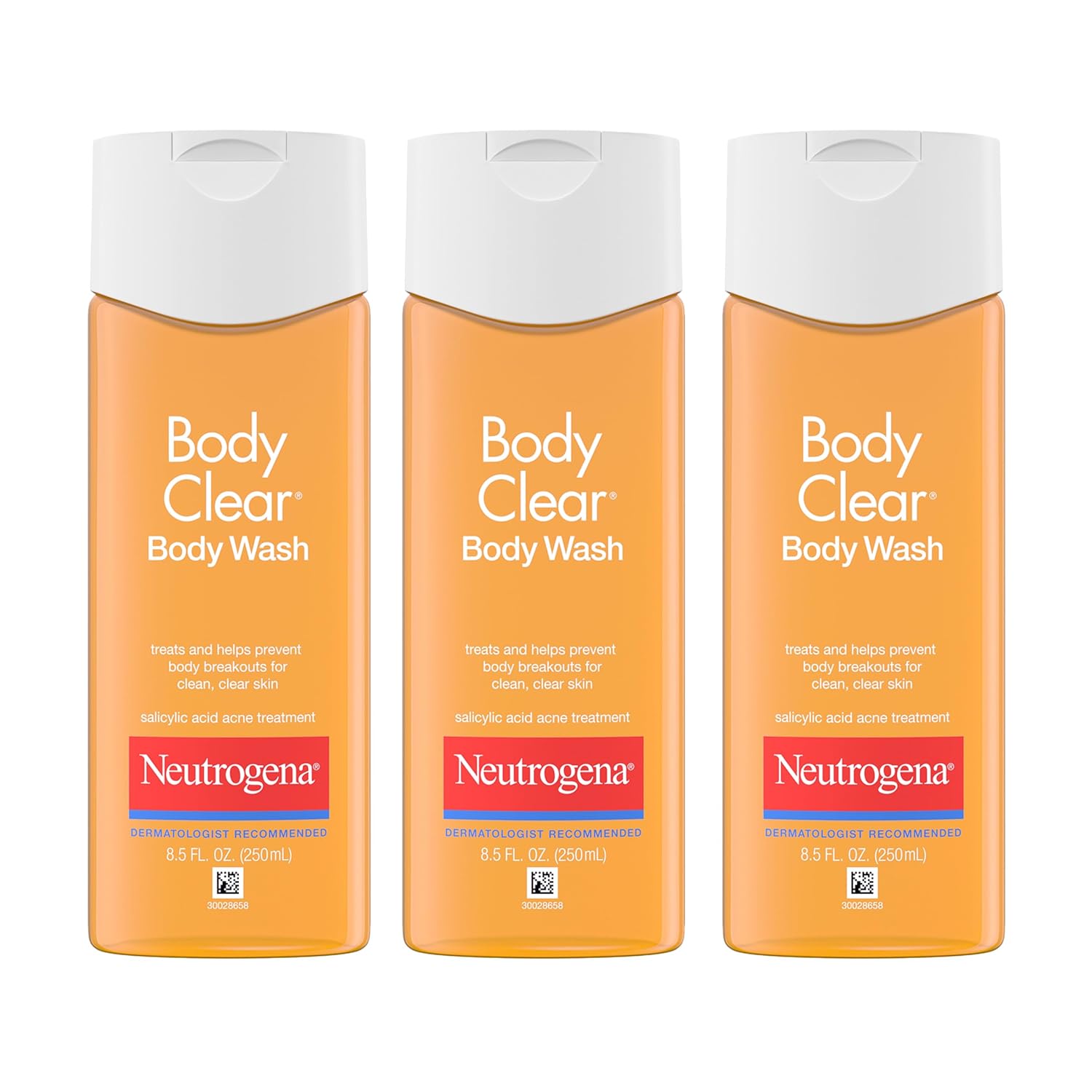 Neutrogena Body Clear Acne Body Wash, 2% Salicylic Acid Acne Medication, Oil-Free & Glycerin for Breakouts on Back, Chest & Shoulders, Non-Comedogenic, Gentle on Skin, Unscented, 8.5 Fl Oz, 3 Pack