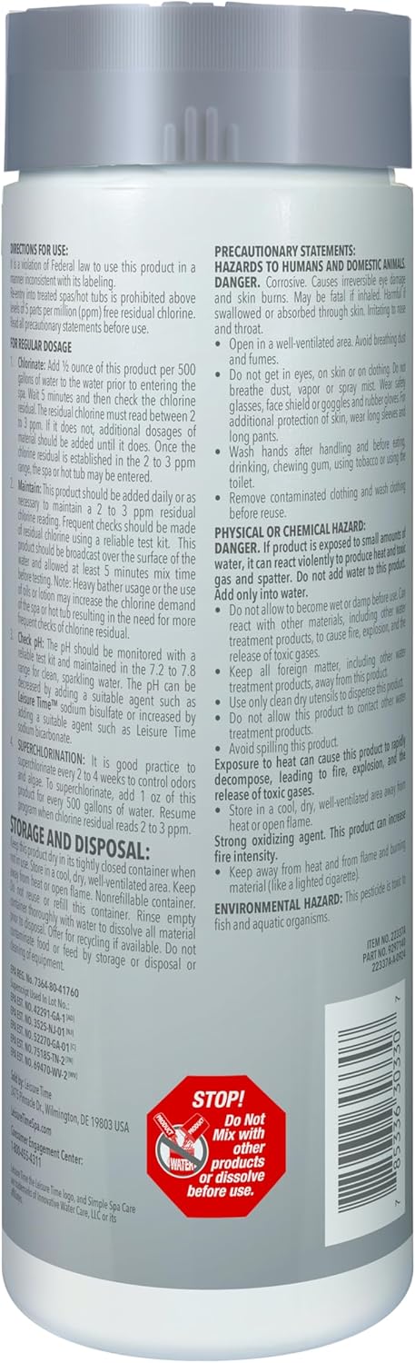 Leisure Time 22337A Spa 56 Chlorinating Granules, Bucket for Crystal Clear Water Maintenance, 2lbs
