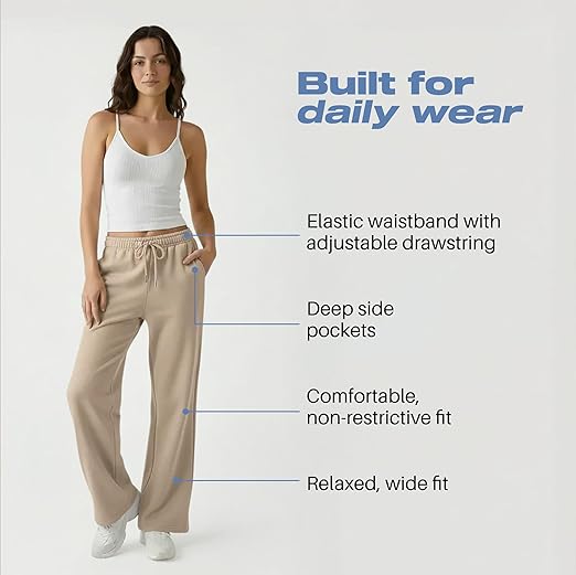 Common Stitch 3 Pack Wide Leg Fleece Lounge Sweatpants for Women — Deep Pockets, Relaxed Fit, Elastic Drawstring Waist