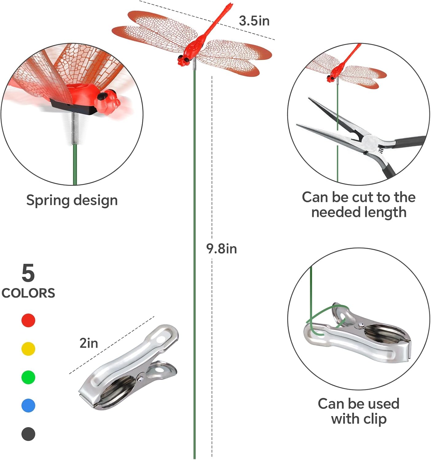 NiHome 15PCS Decorative Dragonflies with 10 Clips Decor for Garden, 9.8" Long Multicolor Waterproof Outdoor & Indoor Use, Versatile Clip-On Plant Decoration, Includes Pliers for Easy Attachment