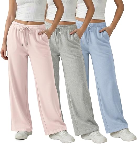 Common Stitch 3 Pack Wide Leg Fleece Lounge Sweatpants for Women — Deep Pockets, Relaxed Fit, Elastic Drawstring Waist