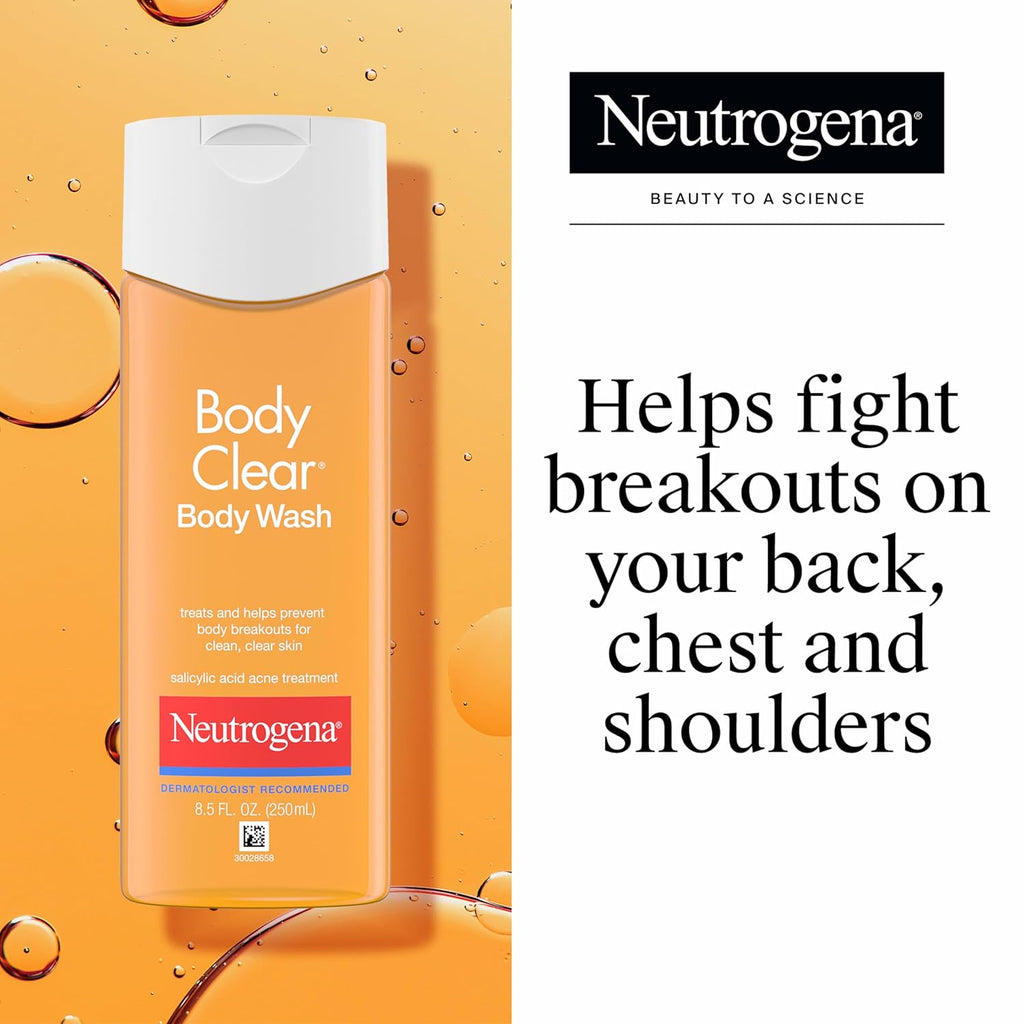 Neutrogena Body Clear Acne Body Wash, 2% Salicylic Acid Acne Medication, Oil-Free & Glycerin for Breakouts on Back, Chest & Shoulders, Non-Comedogenic, Gentle on Skin, Unscented, 8.5 Fl Oz, 3 Pack