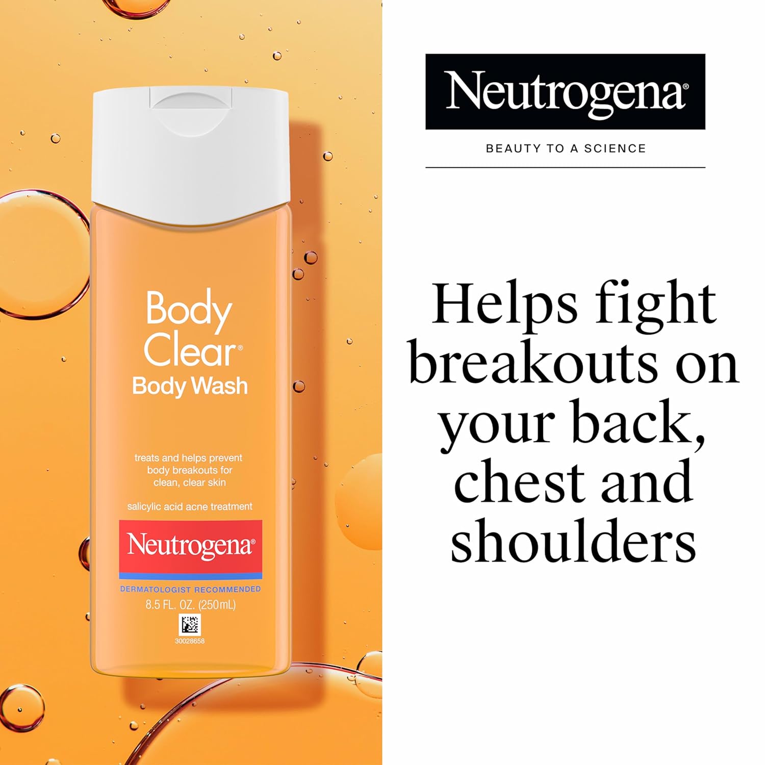 Neutrogena Body Clear Acne Body Wash, 2% Salicylic Acid Acne Medication, Oil-Free & Glycerin for Breakouts on Back, Chest & Shoulders, Non-Comedogenic, Gentle on Skin, Unscented, 8.5 Fl Oz, 3 Pack
