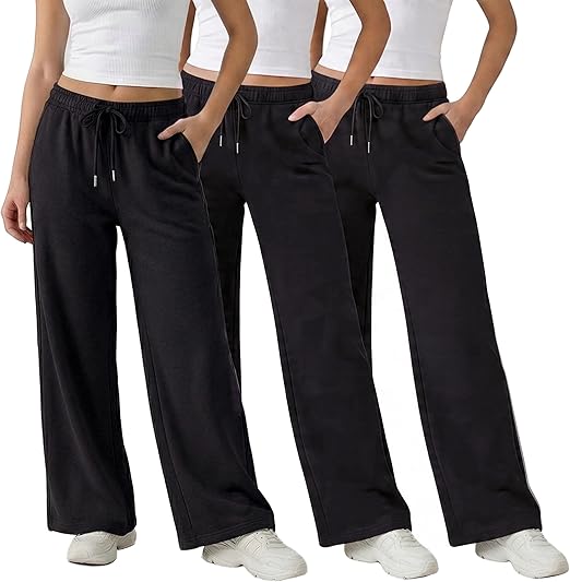 Common Stitch 3 Pack Wide Leg Fleece Lounge Sweatpants for Women — Deep Pockets, Relaxed Fit, Elastic Drawstring Waist