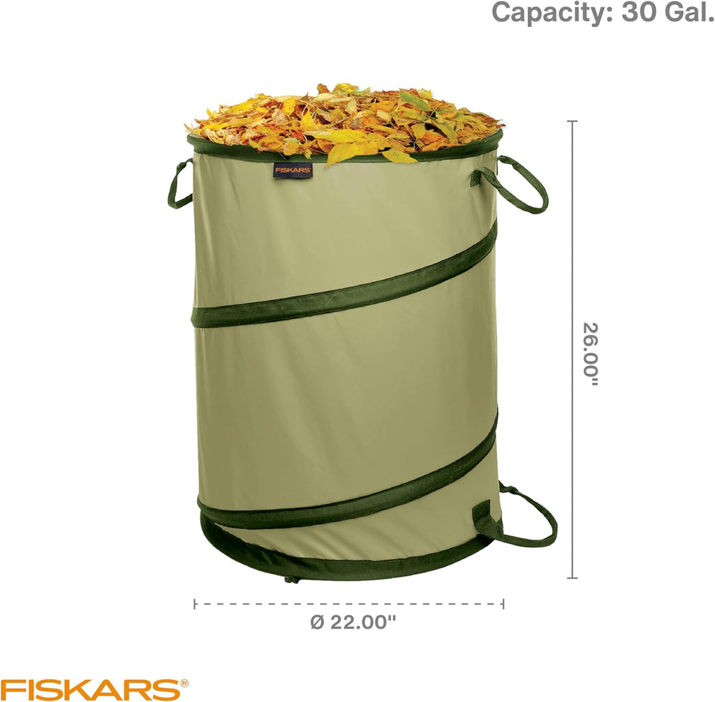 Fiskars Kangaroo Collapsible Spring Up Garden Bag for Yard Waste, Grass, Branches & Weeds, Tear & Mildew Resistant Vinyl-Coated Polyester, Folds Flat to 3 Inches for Space-Saving Storage, 30 Gallon