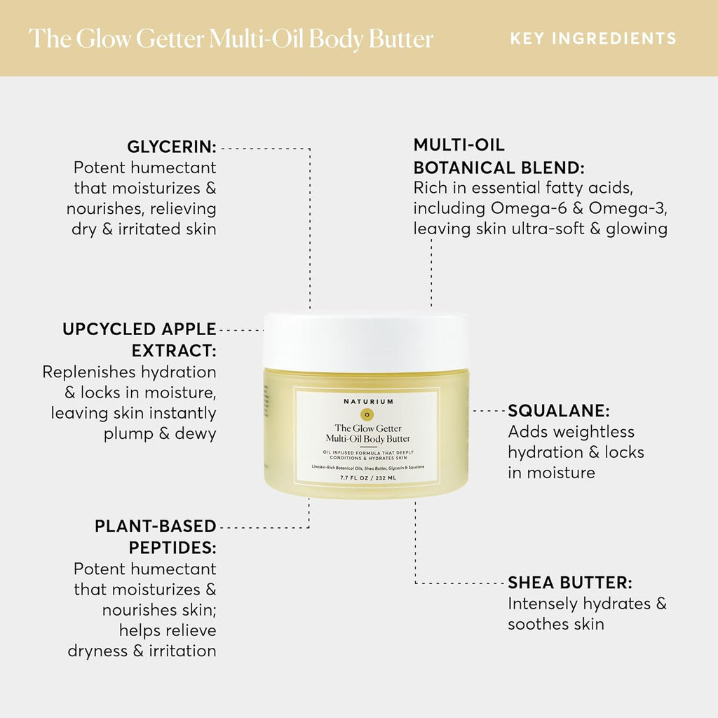 Naturium The Glow Getter Whipped Multi-Oil Body Butter, Firming Cream & Body Moisturizer with Shea Butter, 7.7 fl oz