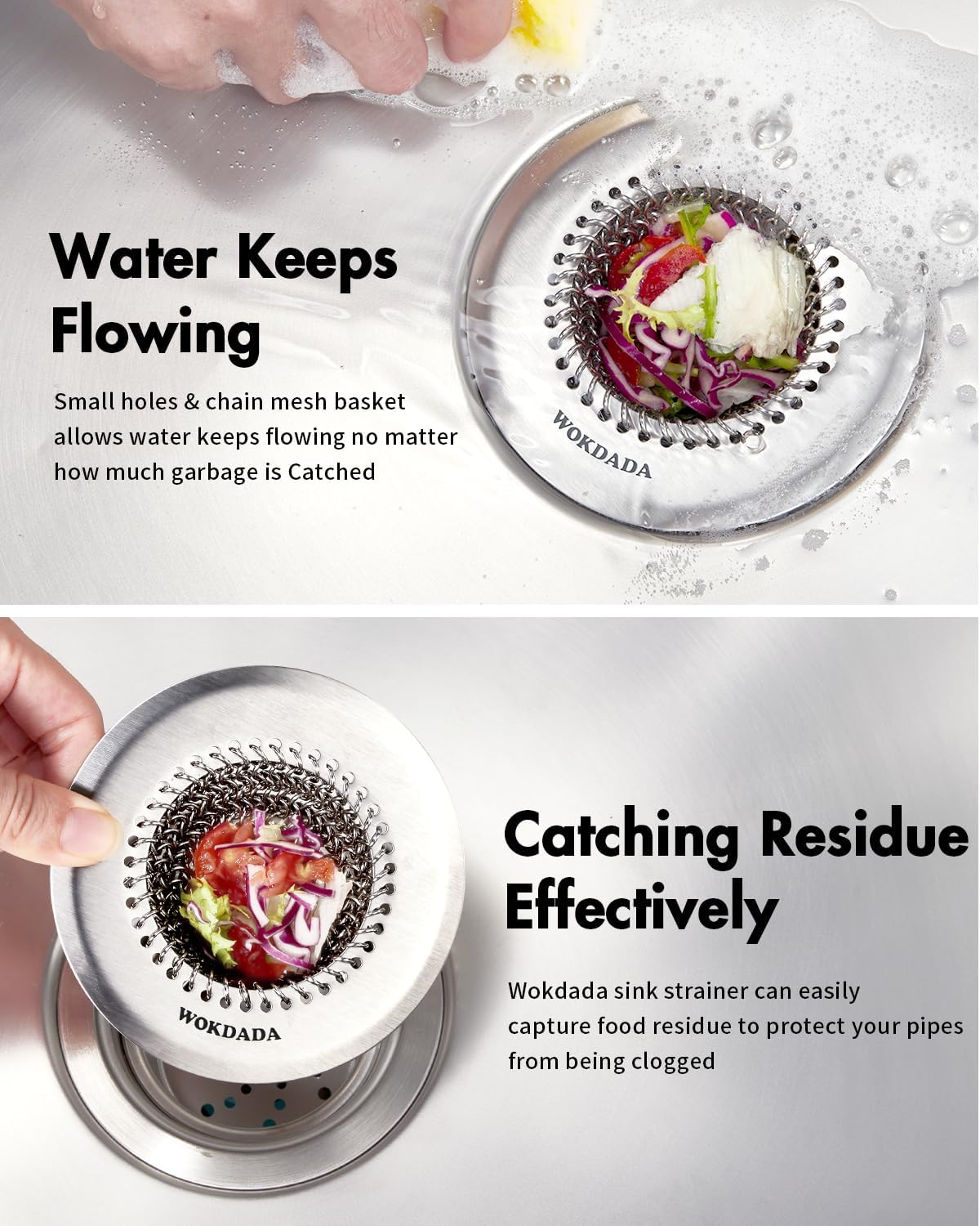 Revolutionary Kitchen Sink Drain Strainer/Patented Reversible Chain Mesh, Effortless Cleaning & Debris Catcher, Large Capacity, No Clog, 304 Stainless Steel & Rust-Proof/Handmade
