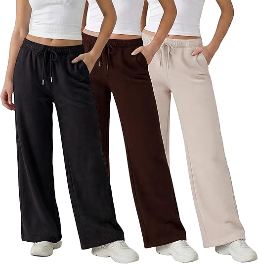 Common Stitch 3 Pack Wide Leg Fleece Lounge Sweatpants for Women — Deep Pockets, Relaxed Fit, Elastic Drawstring Waist