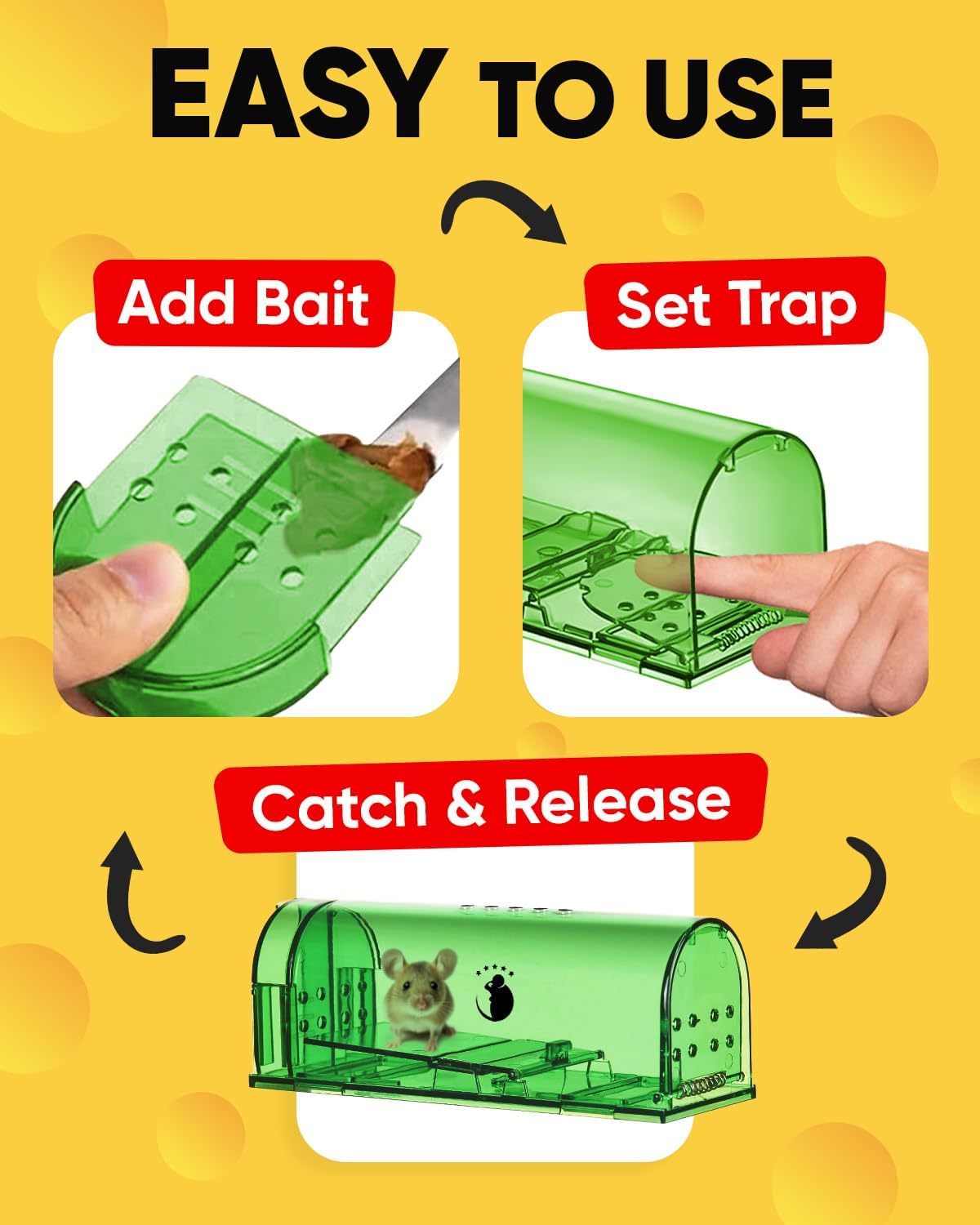 Motel Mouse Humane Mouse Traps No Kill Live Catch and Release 4 Pack - Reusable, Easy to Use & Clean, No Touch Release, Sensitive Includes Cleaning Brush, Instruction Manual & Video - Mousetrap Indoor