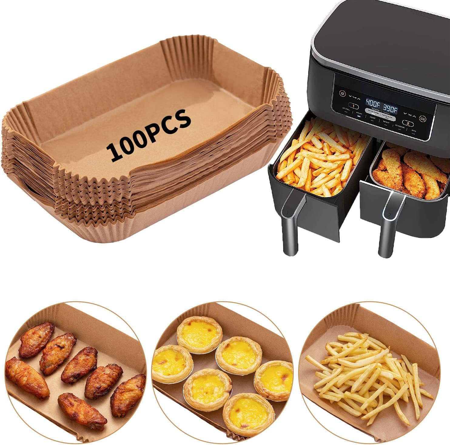 Air Fryer Disposable Paper Liner, 100PCS Food Grade Parchment Liners for Ninja DZ201, Air Fryer Accessories Baking Paper (9 * 6, Natural)