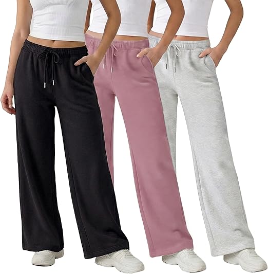 Common Stitch 3 Pack Wide Leg Fleece Lounge Sweatpants for Women — Deep Pockets, Relaxed Fit, Elastic Drawstring Waist