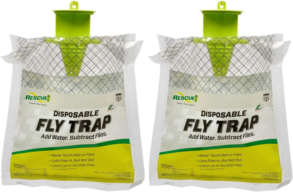 RESCUE! Outdoor Disposable Fly Trap – Hanging Fly Catcher with Attractant Bait, Fly Bag for Patio, Yard, Trash & Farm Areas – Easy-to-Use Outdoor Fly Control - 2 Traps