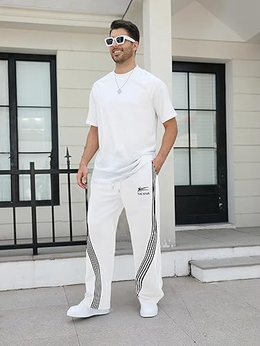 GORGLITTER Men's Baggy Wide Leg Sweatpants Y2K Striped Side Drawstring Waist Barrel Track Pants with Pockets
