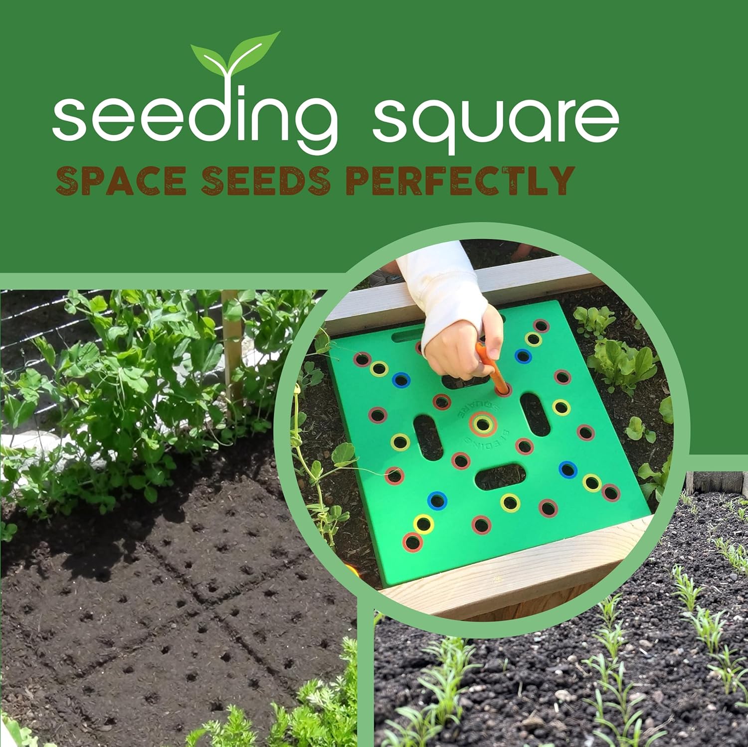 Seeding Square - Patented Seed and Seedling Spacer Tool for Bigger Harvests, Organized Plants & Fewer Weeds – Color-Coded Gardening Template with Dibber, Seed Spoon, Ruler & Planting Guide