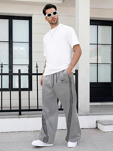 GORGLITTER Men's Baggy Wide Leg Sweatpants Y2K Striped Side Drawstring Waist Barrel Track Pants with Pockets