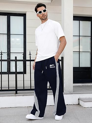 GORGLITTER Men's Baggy Wide Leg Sweatpants Y2K Striped Side Drawstring Waist Barrel Track Pants with Pockets