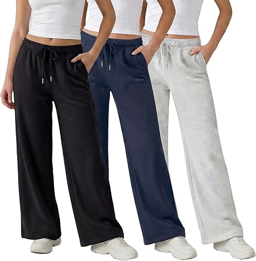 Common Stitch 3 Pack Wide Leg Fleece Lounge Sweatpants for Women — Deep Pockets, Relaxed Fit, Elastic Drawstring Waist