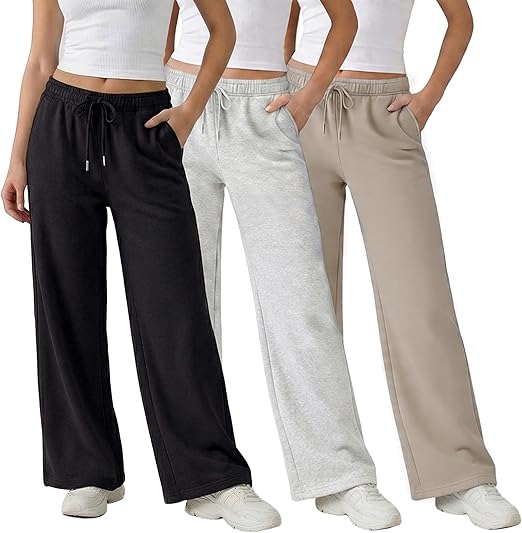 Common Stitch 3 Pack Wide Leg Fleece Lounge Sweatpants for Women — Deep Pockets, Relaxed Fit, Elastic Drawstring Waist