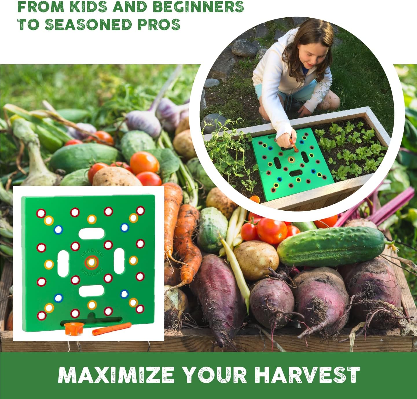 Seeding Square - Patented Seed and Seedling Spacer Tool for Bigger Harvests, Organized Plants & Fewer Weeds – Color-Coded Gardening Template with Dibber, Seed Spoon, Ruler & Planting Guide