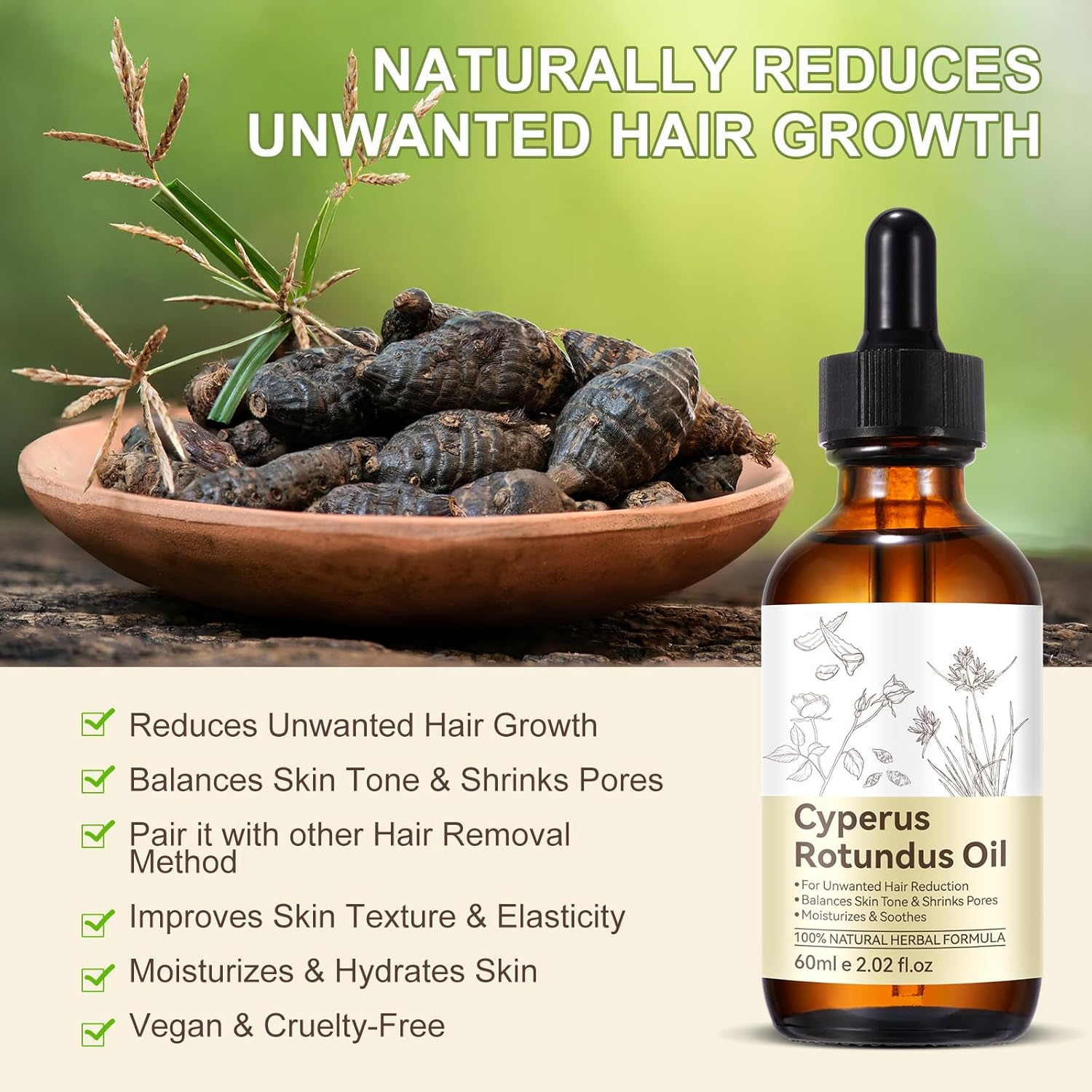 Cyperus Rotundus Oil, Natural for Reducing Body Hair Growth, Cyperus Rotundus Oil for Hair Removal, Reduces Unwanted Hair Growth, Reducing Body Hair Growth, Shrink Pores - 2.02 Fl Oz