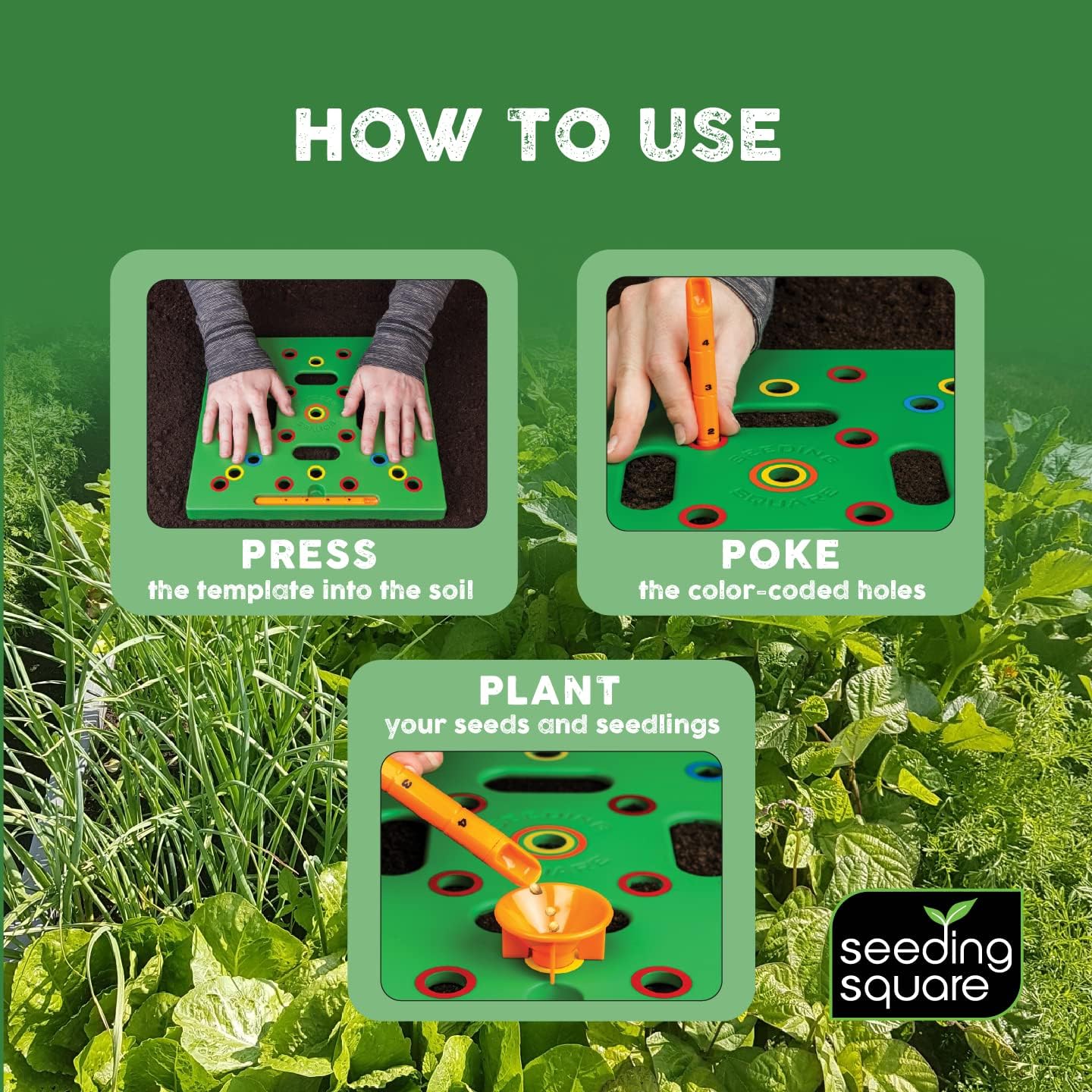 Seeding Square - Patented Seed and Seedling Spacer Tool for Bigger Harvests, Organized Plants & Fewer Weeds – Color-Coded Gardening Template with Dibber, Seed Spoon, Ruler & Planting Guide