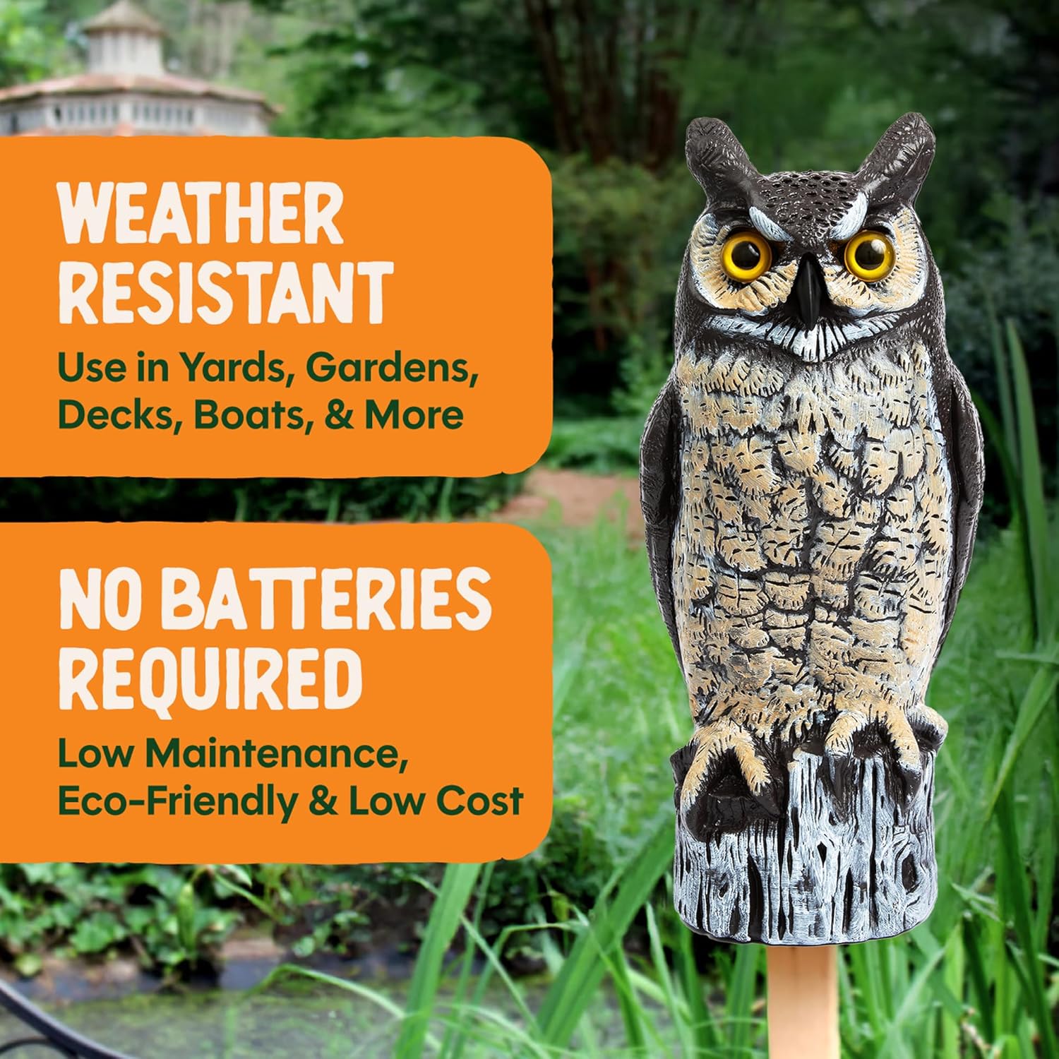 Dalen Large Fake Owl Decoy to Scare Birds Away - 16 in Hand-Painted Great Horned Owl Garden Scarecrow for Natural Pest Control - Fixed Head Design - Secure Upright by Filling with Sand/Gravel Only