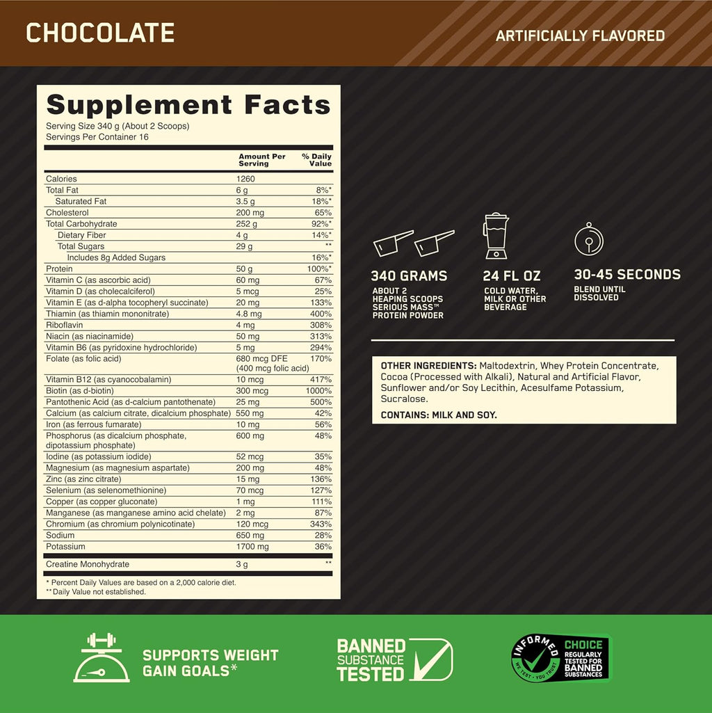 Optimum Nutrition Serious Mass, Weight Gainer Protein Powder, Mass Gainer, Vitamin C and Zinc for Immune Support, Creatine, Chocolate, 12 Pound (Packaging May Vary)