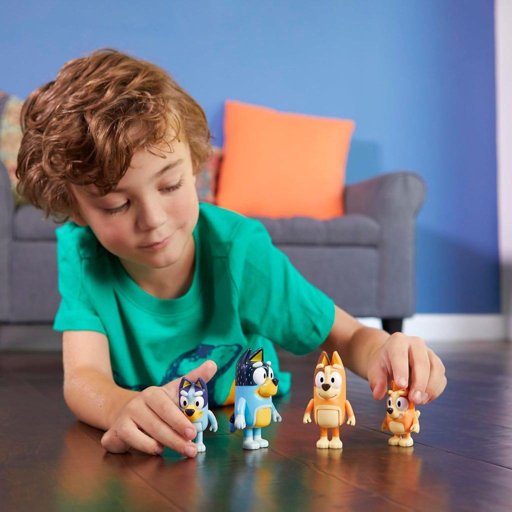 Bluey Family Figure Pack of 4, Robust Poseable Character Toys with Bingo, Chilli, and Bandit Figures, Toddler-Sized Animal Figurines for Kids Ages 3+