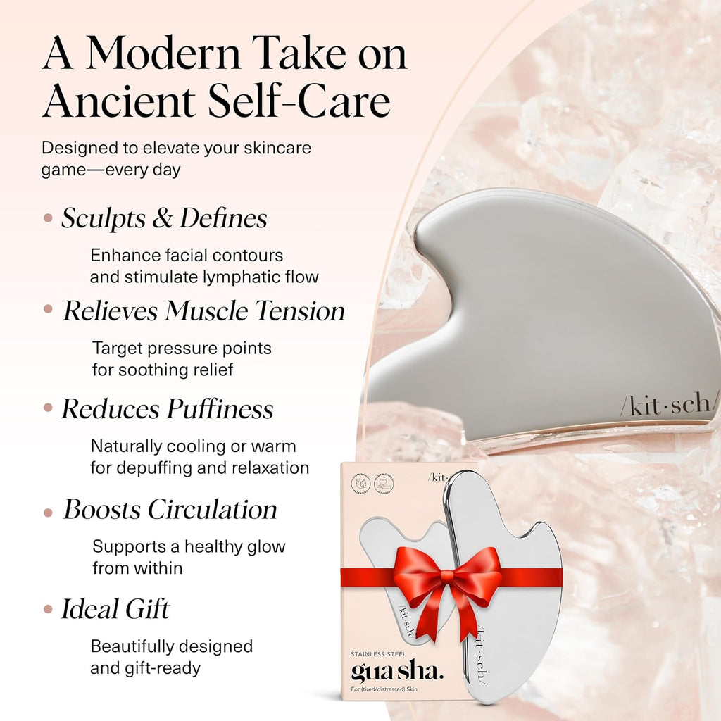 Kitsch Stainless Steel Gua Sha Facial Tools - Guasha Tool for Face, Face Sculpting Tool, Jawline Shaper, Double Chin Reducer, Body Gua Sha Tools, Lymphatic Drainage Massager, Facial Skin Care - Silver