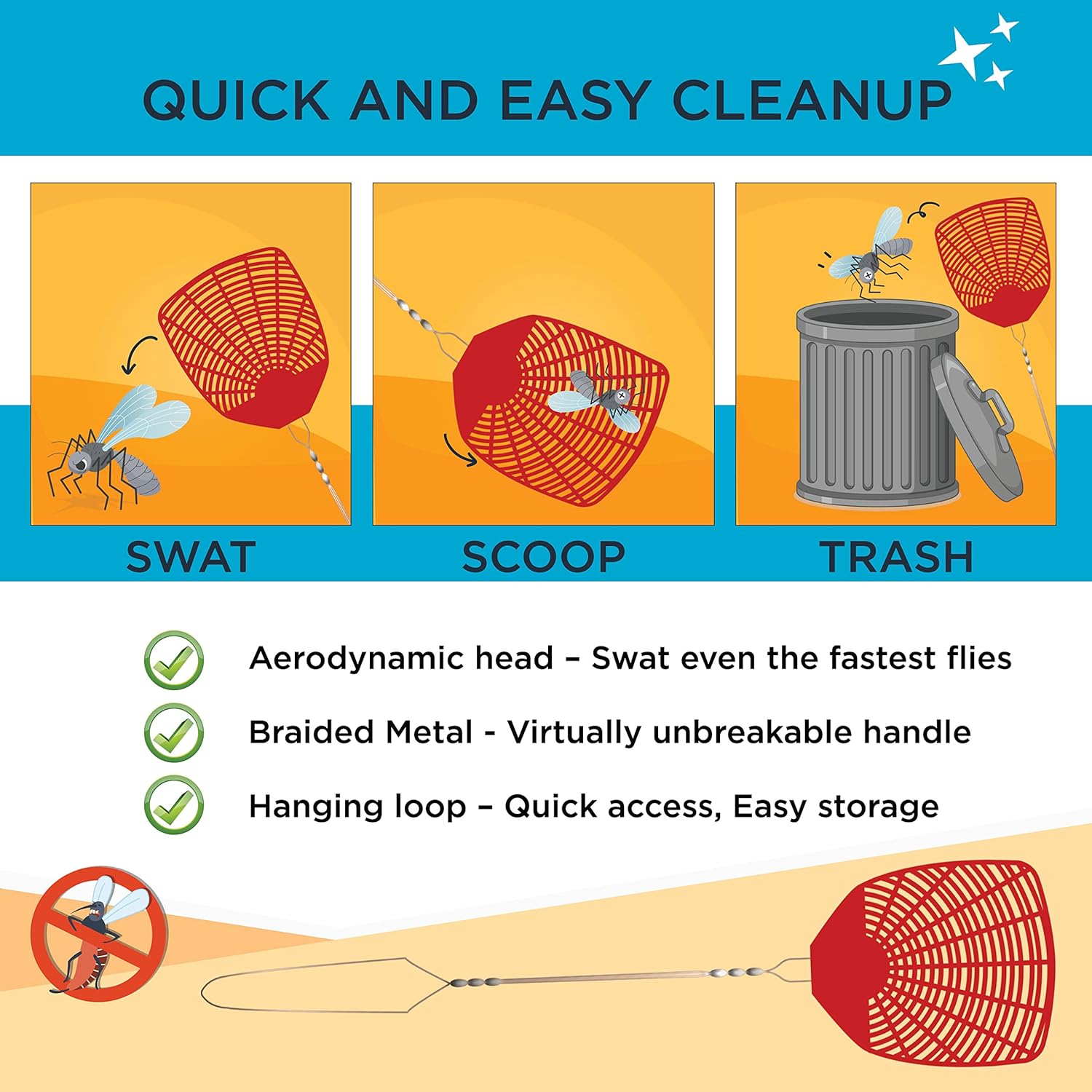 W4W, Bug & Fly Swatter Braided Metal Handle 6 Pack Fly Swatters Indoor/Outdoor flyswatter