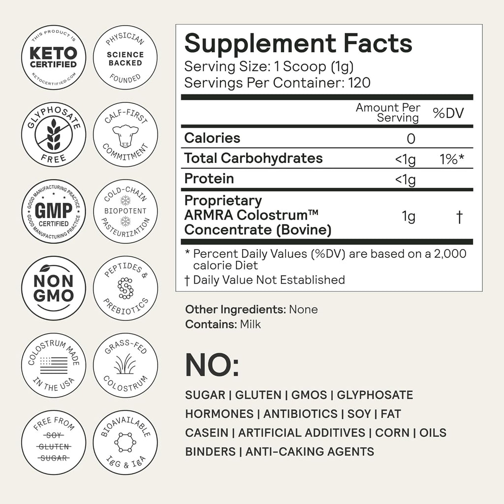 ARMRA Colostrum Powder | Unflavored | Gut Health & Bloating | Skin & Hair | Immunity | Keto, Gluten & Fat-Free | 120 Servings