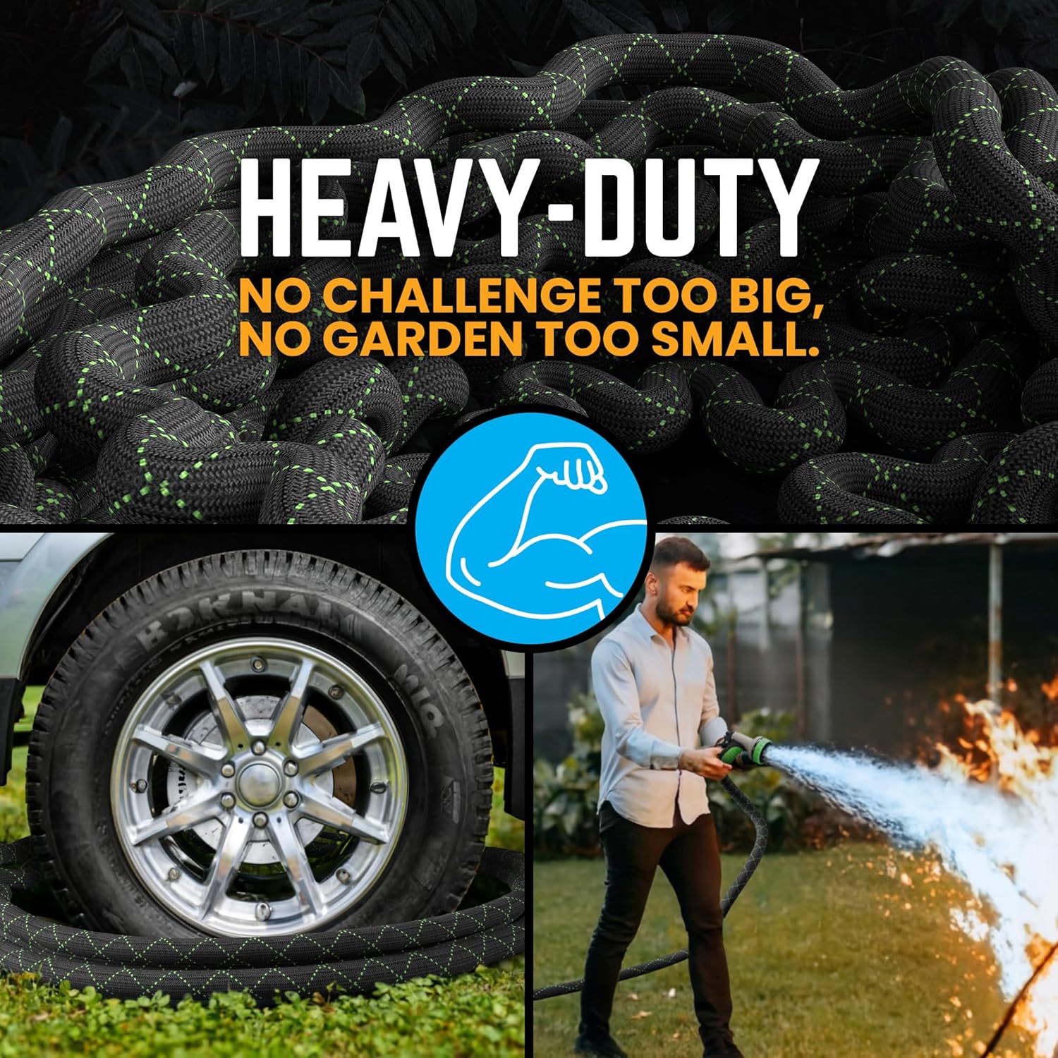 PowerFlow Garden Hose, NON-EXPANDABLE 25 Feet Premium Quality Stainless Steel Metal Water Hose with Durable Fabric Skin, Hose For Commercial, Residential Use, Bonus 10-way Spray Nozzle (25 Ft, Black)