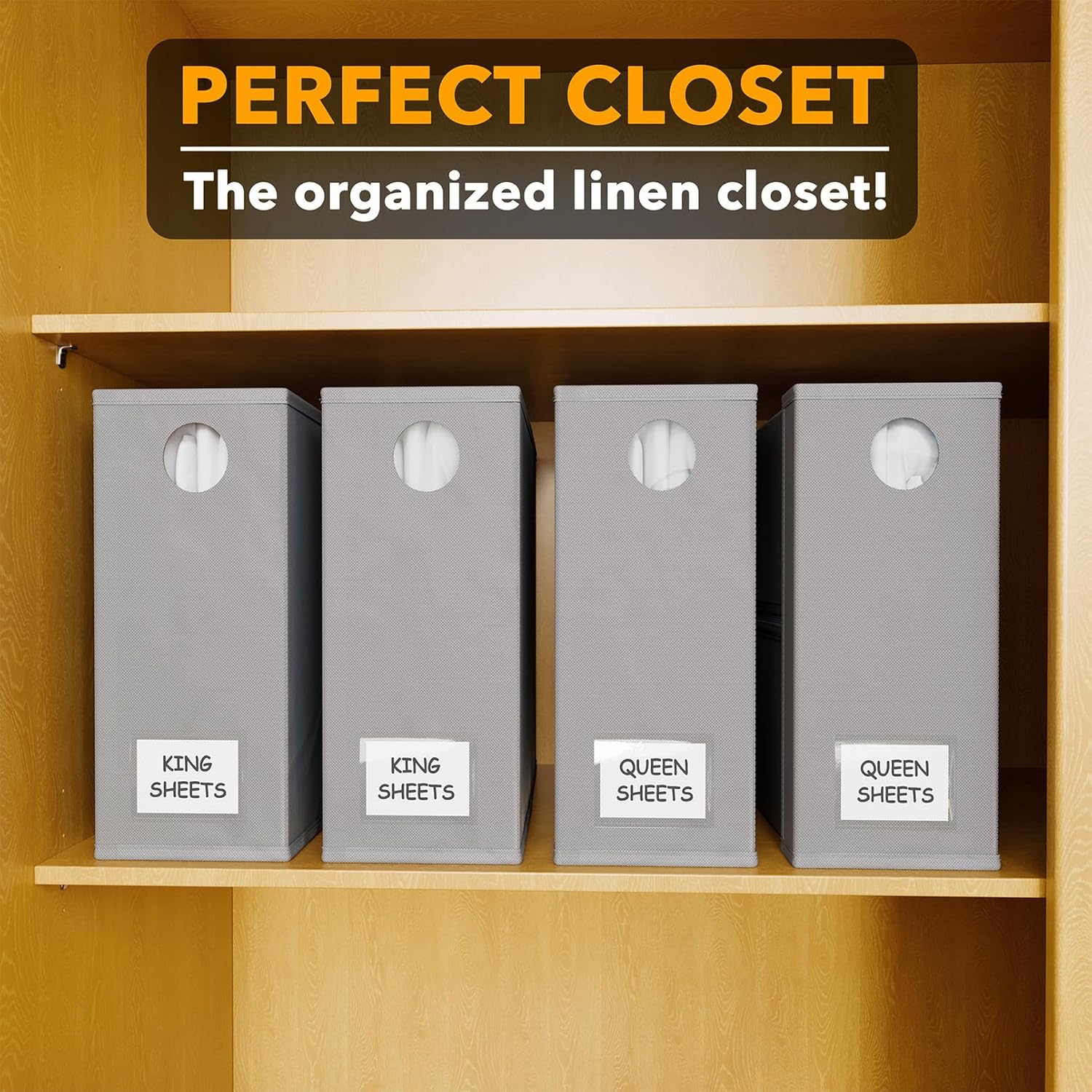 SpaceAid 4 Pack Bed Sheet Organizers and Storage, Foldable Organizer for Linen Closet, Sheets Set Folder Keeper with Window XL (Queen & King Size) Organizing Bedding Container, Gray 91ZDSN-SL01-G4