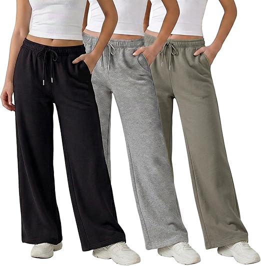 Common Stitch 3 Pack Wide Leg Fleece Lounge Sweatpants for Women — Deep Pockets, Relaxed Fit, Elastic Drawstring Waist