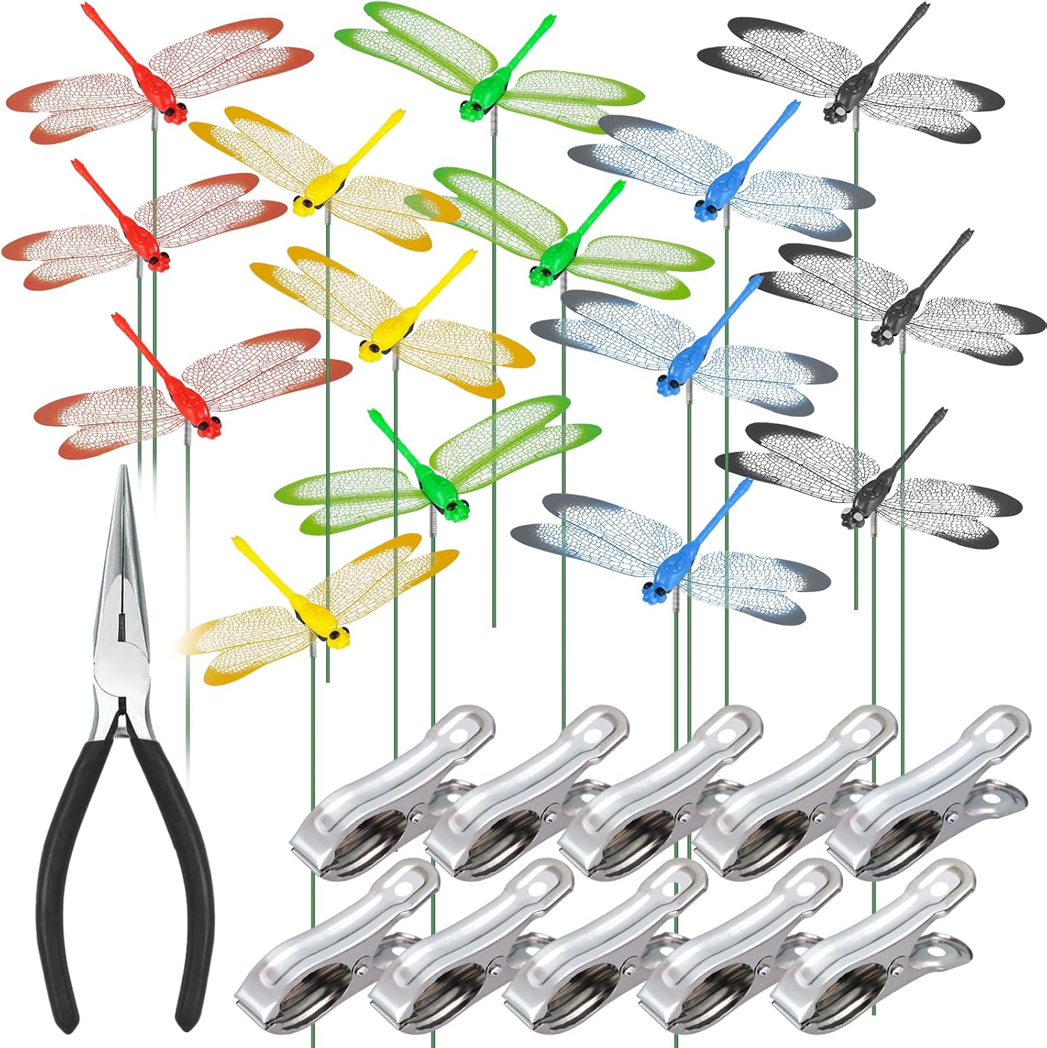 NiHome 15PCS Decorative Dragonflies with 10 Clips Decor for Garden, 9.8" Long Multicolor Waterproof Outdoor & Indoor Use, Versatile Clip-On Plant Decoration, Includes Pliers for Easy Attachment